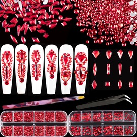 Multi Shapes Red 3D Glass Crystal Nail Art Rhinestones Kit with Flatback Round Bead Charm Gem Stone Jewelry Diamond with Pickup Pen + Tweezer for Manicure Makeup DIY Craft Decoration