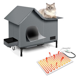 Heated Cat House,Removable Weatherproof Cat Houses for Outdoor Cats with Heating Pad (Gray, Medium)