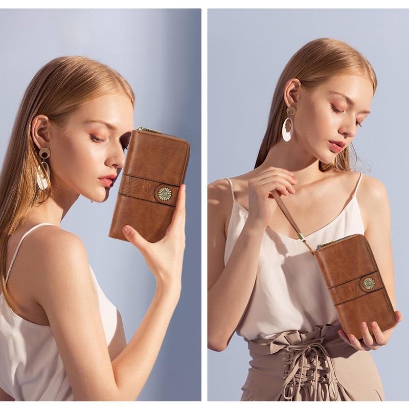 SENDEFN Wallet for Women Leather Double Zipper RFID Blocking Card