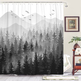 84 Inch Extra Long Black and White Misty Forest Shower Curtain Ombre Dark Gray Mountain Pine Tree Waterproof Fabric Shower Curtains for Bathroom Grey Nature Woodland Decorative Bath Curtain Decor