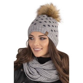 VIVISENCE Women's Hat Headpiece Bobble Winter Warm Thick Patterned 7033, Made in EU, lightgrey