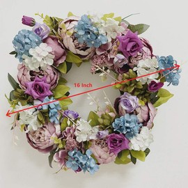 Yokoke Pink and Blue Artificial Peony Hydrangea Door Wreath 16 Inch Vintage Front Door Wreath for Spring Summer Display (Retro Pink)