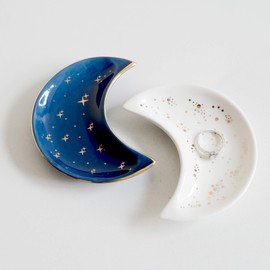 BIHOIB Small Moon Jewelry Dish Tray, Set of 2, Decorative Ceramic Trinket Dish, Modern Accent Tray for Vanity (Blue and White)
