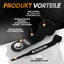 MARTIAL Boxing Bandages with the Best Velcro and Thumb Loops 3 m, 3.8 m, 4.5 m Bandages That Won’t Wear Out for Mixed Martial Arts, Boxing, Kickboxing and Sparring Wrist Wraps In Black or White, Optimal Sweat Absorption, Includes Bag, black, 4,5 m