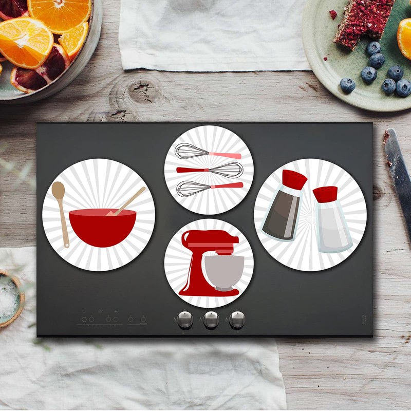 Walarky Kitchen Utensil Pattern Round Metal Hob Covers 4-Piece Stove