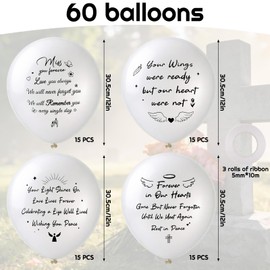 XLSXEXCL 60 Pcs Memorial Balloons 12 Inch Latex Balloons with Ribbons for Memorial Day Funeral Decoration White