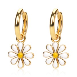 Daisy Earrings for Women, Flower Small Hoop Earrings 18K Gold Plated Pretty Flora Earring with Short Dangle Cute Lightweight Cartilage Earring Jewelry Gift for Girls Teens (White)