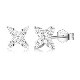 MASOP Stud Earrings Cross Zirconia Gold Silver Earrings Cross with AAA Zirconia Clover 9 mm Women Men Girls, Silver