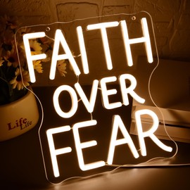 Faith Over Fear Neon Sign for Wall Decor Dimmable God LED Neon Light Christian Decor for Prayer Room Home Church Warm White Letters Sign Jesus Inspirational Religious Wall Art Size 10.6*10in(GLNP209)