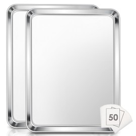 E-far Extra Large Baking Sheet, 20”x14” Stainless Steel Cookie Sheet Pan for Oven with 50 Parchment Paper, Rectangle Metal Baking Tray for Roasting, Rust Free & Heavy Duty, Dishwasher Safe-2 Pack
