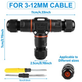 3-Pin Cable Connector Waterproof IP68, T-Shape Cable Connector, Waterproof 3-Pin Earth Cable Connection Sleeve for Diameter 3-12 mm Cable Diameter, 2-Way Waterproof Junction Box for Garden, Outdoor