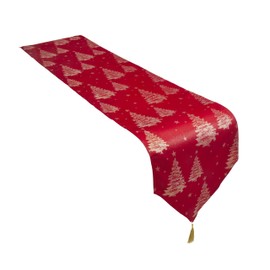 Celebright Christmas Tasselled Table Runner - 13 x 72 Inches (33 x 183cm) - Ideal Xmas Dinner Table Decorative Settings - Metallic Christmas Tree Embossed Design - Red & Metallic Gold