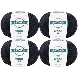 Estako Wool 98 (4- Skeins Pack) 100% Superwash Merino Wool Medium Worsted Weight Soft Knitting and Crochet Yarn (4 x 1.76 oz) (4 x 98 yds) (6389-Dark Navy)