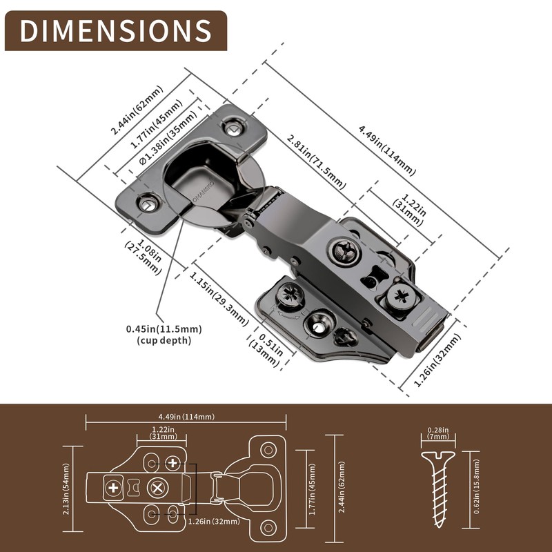 6 Pack Full Overlay Soft Close Cabinet Hinges 105° Frameless