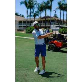 BRIMZ Golf Performance Hat - Breathable Sweat & Water Resistant Golfing Snapback Cap with Tee Holder & Magnetic Brim - Double Sided Ball Marker & Tee Included (Life is a Fairway - White/Navy)