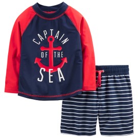 Simple Joys by Carter's Baby and Toddler Boys’ 2-Piece Swimwear, Swimming Trunks and Rash Guard, Red and Blue Anchor, 6-9 Months