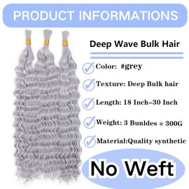 Hailookmey Human Braiding Hair for Boho Braids 150g Deep Wave Human Hair for Braiding 3 Bundles/Pack No Weft Curly Human Hair Extensions for Braids (Grey Color,20 Inch)
