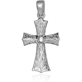 Leilani Hawaiian Jewelry Cross Scroll Engraved Pendant Necklace, Men's, Silver 925, Cubic Zirconia