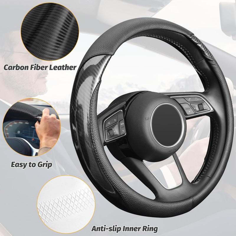 KAFEEK Carbon Fiber Steering Wheel Cover, Universal 15 inch, Anti-Slip,