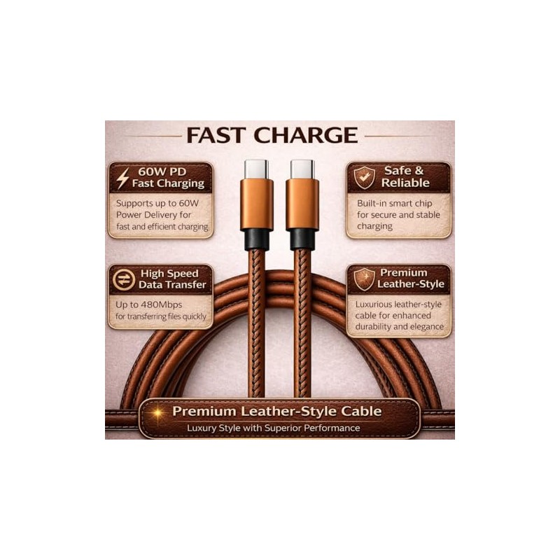 Cable de cuero de carga rápida USB-C a USB-C, elegante