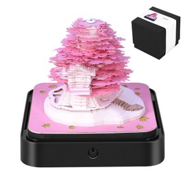 Desk Calendar with Lights, 2025 Desk Calendar 3D Memo Pad Paper Art Sakura Tree Creative 3D Notepad Paper Carving Gift Desktop Decoration (Pink Tree)