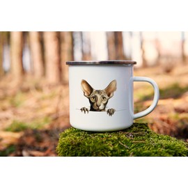 MAXIKIWI Langlebige Emaille-Kaffee- oder Tee-Camping-Tasse für drinnen und draußen, Motiv: guckende Katzen, 350 ml