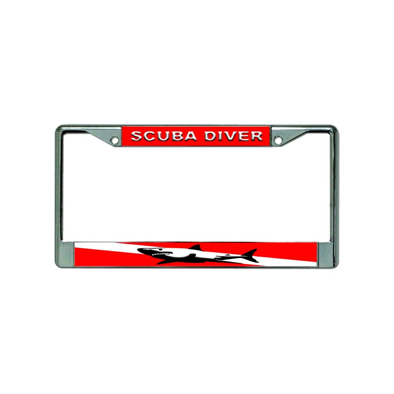 DIGIART SCUBA DIVER DIVE FLAG SHARK Chrome Metal Car License