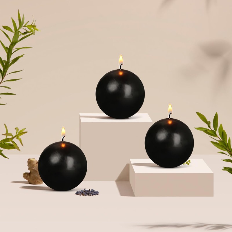Ball Pillar Candles Set of 3 Black 3Inch Unscented Handpoured