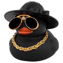 wonuu Car Dashboard Rubber Duck Ornament, Car Decoration Ducks with Mini Hat Necklace and Sunglasses, M-Black-Flower Hat