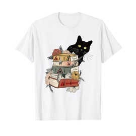 Black Cat And Books Flowers Reading Club Cat Lover Bookworm T-Shirt