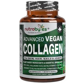 Nutrabytes Vegan Collagen Supplements for Women & Men | Plant-Based Vegan Collagen Capsules with Hyaluronic Acid, Biotin, Vitamin E, D3, C & Amino Acids | Vegetarian Collagen | UK Made