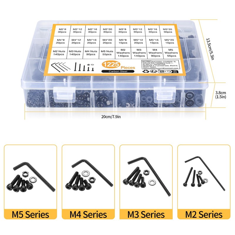 1225pcs M2 M3 M4 M5 Hexagon Socket Screws, Bolts, Nuts,