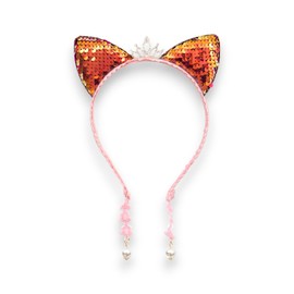 Summer Crystal Sequin Cat Ears Headband with Pearl Earring Pendants for Girls (Pomegranate, Medium)