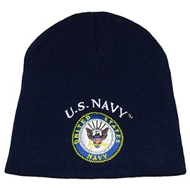 US Navy Emblem USN Seal Crest Embroidered on Navy Blue 8" Knit Beanie Skull Cap