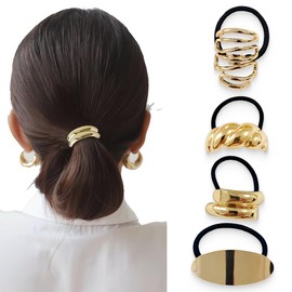 Pack of 4 Hair Accessories, Gold, Metal Hair Cuffs, Elastic, Hair Clip Gold for Ponytail, Hair Accessory for Women and Girls