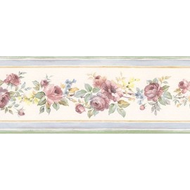 Wallpaper Border Mini Victorian Watercolor Rose Floral with Blue Edges