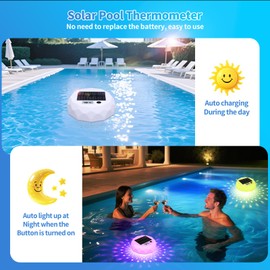 Pool Thermometer Floating Large Backlit LCD for Easy Read,Digital Pool Temperature Thermometer Dynamic RGB Light,Solar Powerd Thermometers Waterproof Design for Above Ground Swimming Pools and Spa
