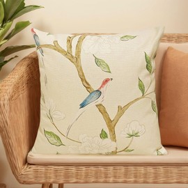 YIVYI Swedish Farmhouse Square Pillow Covers 18x18 (Set of 2) - Classic Beige with Vintage Bird - Heavy Duty Textured Faux Linen for Living Room, Bedside & Sunroom - Fade-Resistant Romantic Decor