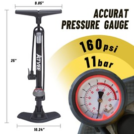 Bike Pump, 25” Height Full Size Bicycle Pump with 160 PSI High Pressure, Bike tire Pump with Presta and Schrader Valve, Bike Air Pump for Bike Tires, Balls and Swimming Ring,Bike Pumps with Psi Gauge