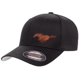 Ford Mustang Running Horse Logo Side Panel Leather Laser Engraved Patch Flexfit 6277 Athletic Baseball Fitted Hat Cap Black L/XL