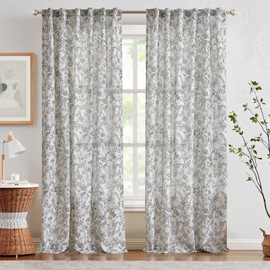 Lazzzy Linen Black Floral Curtains 84 Inch Length Farmhouse Curtain Back Tab Drapes for Living Room Bedroom Light Filtering Vintage Rod Pocket Curtains, 2 Panels, Black on Beige