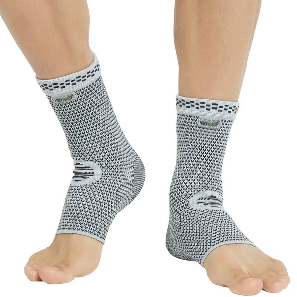 Neotech Care Ankle Support Sleeve (1 Pair) - Bamboo Fiber Knitted Fabric - Light, Elastic & Breathable - Medium Compression - Sports, Exercise, Gym - Right or Left Foot, Men, Women - Grey (Size XS)