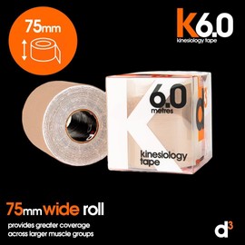 d3 K6.0 Kinesiology Tape - 75mm x 6m (Beige, 1 Roll) Wide Latex-Free Hypoallergenic Ankle, Knee, Shoulder, Elbow Kinetic Physio Sports Medical Muscle Injury Strapping Support