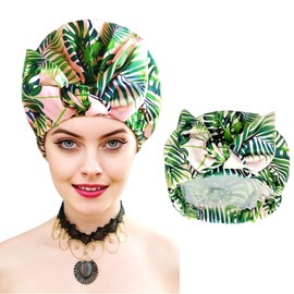 FEEZENT Shower Cap Luxury Reusable Shower Caps for Women Long Hair Upgraded version Waterproof Hair Cap Adjustable Bowknot Hair Bath Cap (Green Palm)