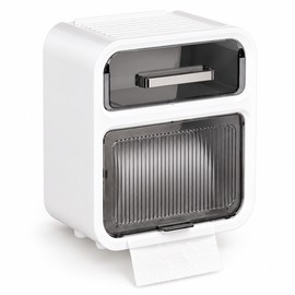 Wall-Mounted Toilet Paper Holder with Drawer – No-Drill Waterproof Tissue Box for Roll & Pull Tissues, White