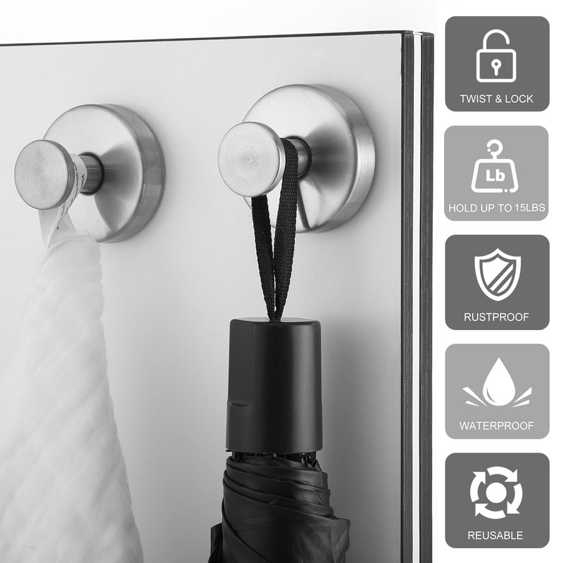 Hshenjhu Pack of 4 Suction Cup Hooks, Silver No Drilling