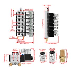 Heschen Electrical Pneumatic 6 Solenoid Valve 4V210-08 PT1/4 5 Way 2 Position Manifold Base Muffler Quick Fittings Set (24VDC)