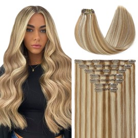 Youngsmile Clip in Hair Extensions Real Natural Invisible Straight Remy Human Hair Extensions Clip in 14inch 140g 7Pcs Balayage Color 8 Ash Brown mixed 60 Blonde (7PC#8P60-14)