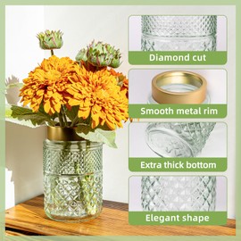 2-Pack Flower Vase Glass, Green Fluted Vase with Golden Metal Top, Stylish Decorative for Tabletop Centerpiece, Kitchen, Living Room, Bedroom, Bathroom, Office(Mint Green-Set of 2)