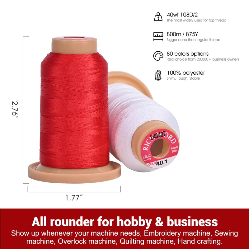 Richword Selected 800M 20 Colors Embroidery Thread,40WT(108D/2) Polyester Embroidery Machine
